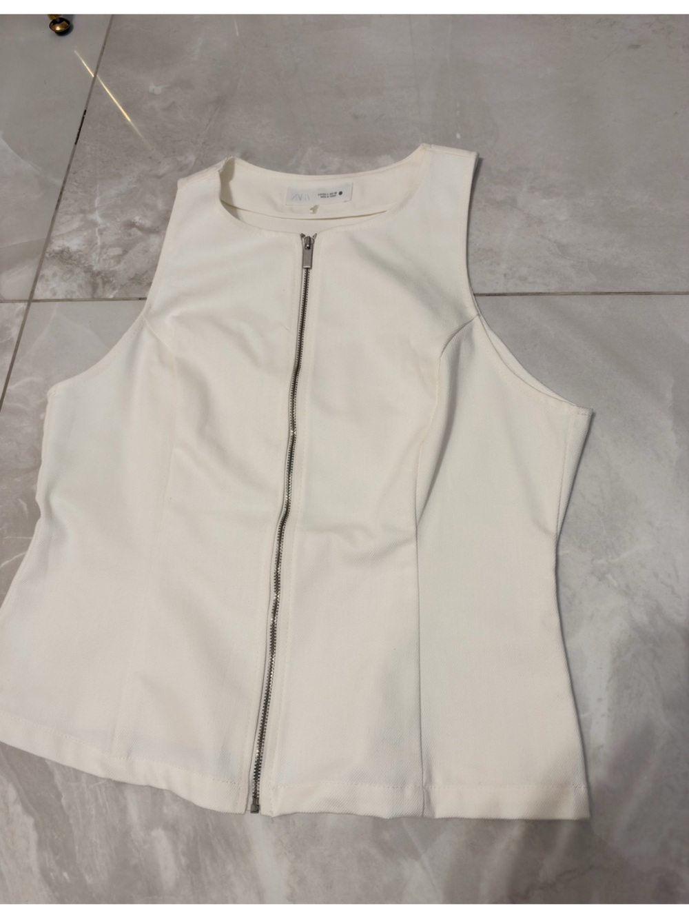 Zara Cream Sleeveless Denim Front-Zip Top